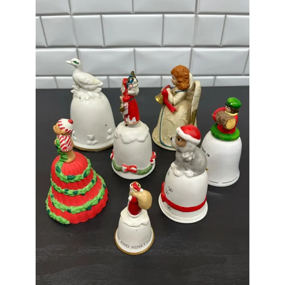 Lot of 7 Vintage Porcelain Holiday Christmas Bells Mixed Variety
